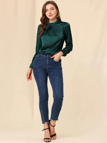 Miniatura 3 de Allegra K Blusa de satén de manga larga abombada con volantes y cuello torcido para mujer