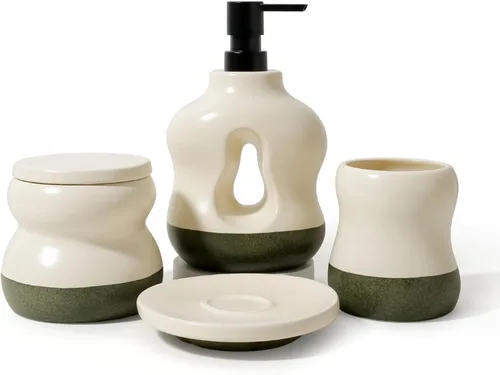 Miniatura 8 de BosilunLife Juego de 4 accesorios de baño de cerámica, dispensador de jabón hueco ondulado y artículos esenciales de tocador, beige de dos tonos