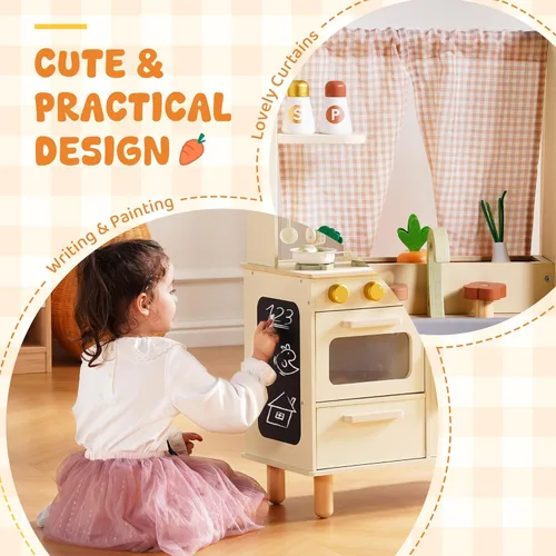 Miniatura 5 de ROBUD Juego de Cocina de Madera para Jugar, Cocina de Juego de Simulación para Niños, Cocina de Juguete con Microondas, Fregadero, Estufa y Máquina