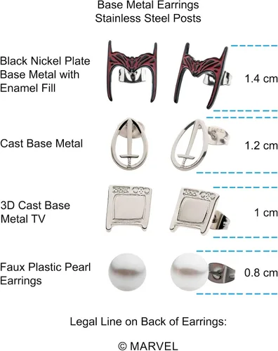 Miniatura 6 de Marvel Studios - Juego de aretes de acero inoxidable con base de metal para mujer, con licencia oficial de WandaVision, se vende en 4 pares
