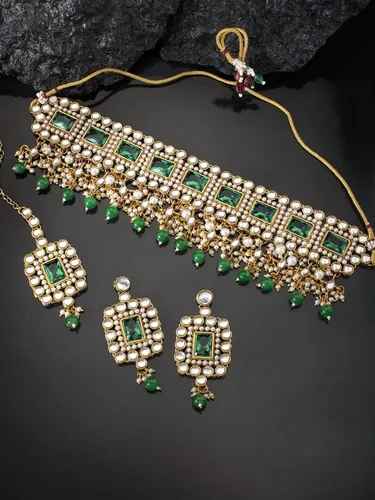 Miniatura 3 de Aheli Traditional Ethnic Kundan Pearls Bridal Choker Necklace Earring Maang Tikka Indian Bollywood Jewelry Set Gift for Women Green