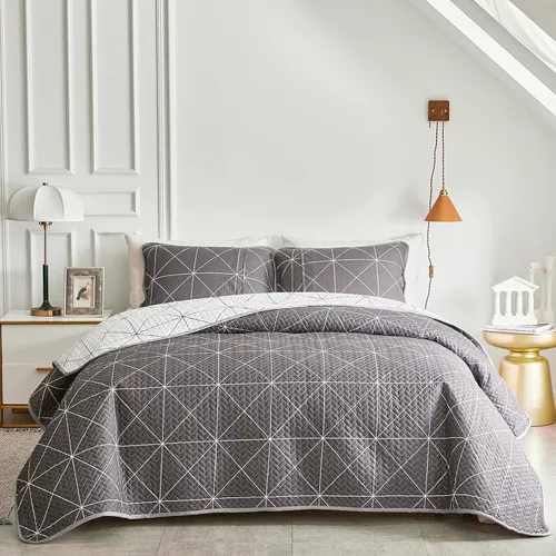 Miniatura 2 de Juego de edredón reversible de 3 piezas, cuadriculado blanco y gris, tamaño king 102 x 88 pulgadas, suave microfibra ligera, colcha de verano