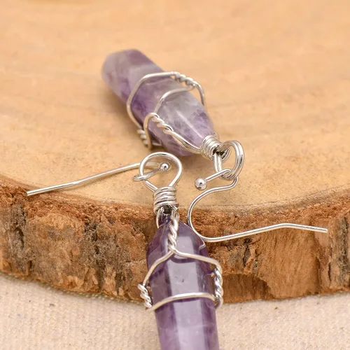 Miniatura 10 de Pendientes de cristal de punta envuelta en alambre de piedra pulida para mujer Reiki Energy Healing
