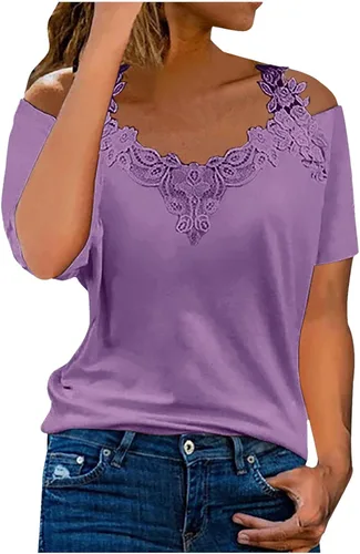Off The Shoulder Tops for Women Plus Size Short Sleeve Tees Casual Summer V-Neck T-Shirt Solid Color Lace Blouses