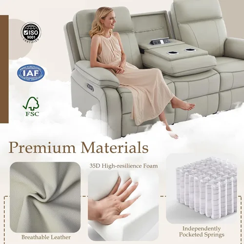 Miniatura 4 de Sofá Reclinable Eléctrico con Mesa Plegable, Sofá Reclinable Eléctrico de Cuero Transpirable, Sofá Reclinable Loveseat Eléctrico con Gris