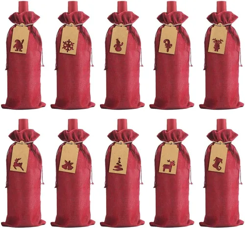LOKIPA Bolsas de regalo de vino de arpillera, 12 bolsas para botellas de vino de yute con cordón, fundas reutilizables para botellas de vino con