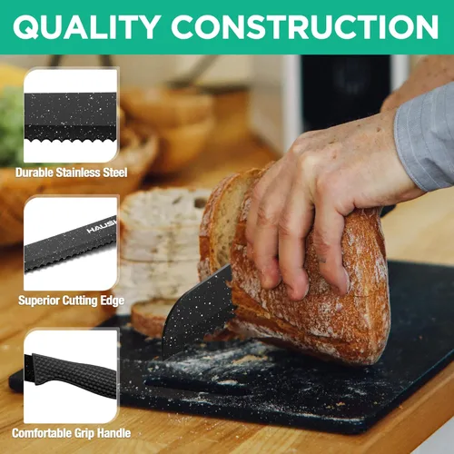Miniatura 5 de HAUSHOF Juego de cuchillos de cocina, 5 piezas con bloque de acrílico, juego de cuchillos negros con revestimiento de teflón para la cocina, juego