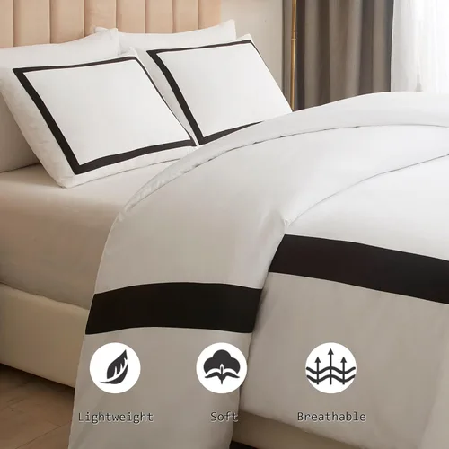 Miniatura 3 de OSVINO Juego de funda de edredón de hotel, tamaño individual, 2 piezas, microfibra con patrón de líneas negras, colección de ropa de cama, ultra