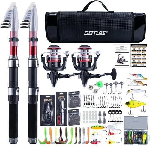 Goture Combos de caña de pescar y carrete - 2 piezas de caña telescópica + 2 piezas de carretes giratorios precargados con bolsa de transporte, kit