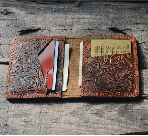 Miniatura 6 de JJNUSA Cartera de cuero minimalista hecha a mano para hombre, tarjetero, carteras desgastadas para regalos, Flor café., Minimalista