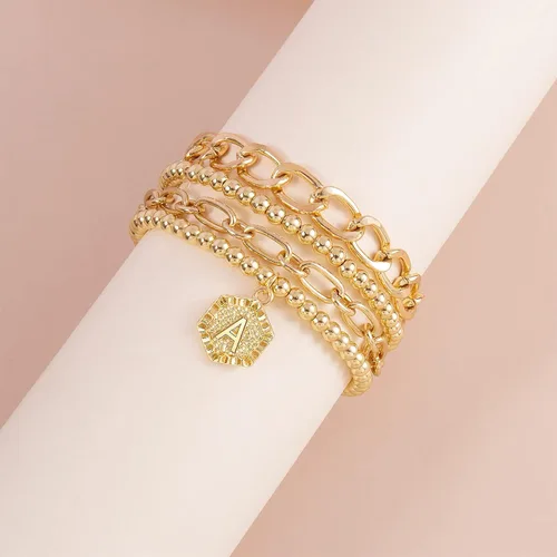 Miniatura 7 de Pulseras chapadas en oro para mujer, pulseras con inicial de oro, juego de pulseras apilables de cuentas en capas de oro, pulseras lindas, Ágata