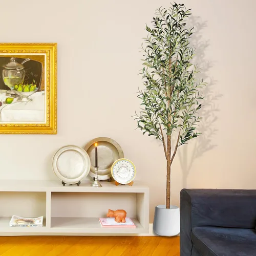 Miniatura 7 de Sunnyglade Árbol de olivo artificial de seda sintética de 6 pies de alto para decoración del hogar, sala de estar, oficina, olivo falso con tronco