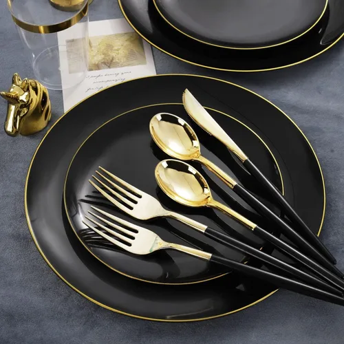 Miniatura 3 de LIYH - Juego de vajilla de plástico negro de 180 piezas con cubiertos dorados, platos de plástico negro, desechables, resistentes, juego