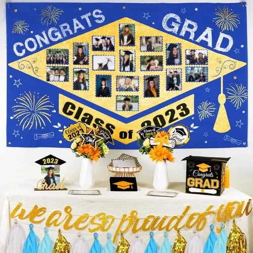 Miniatura 8 de Decoraciones para fiestas de graduación 2023, juego de 60 piezas: telón de fondo grande para foto, caja de tarjetas de graduación, palos de centro