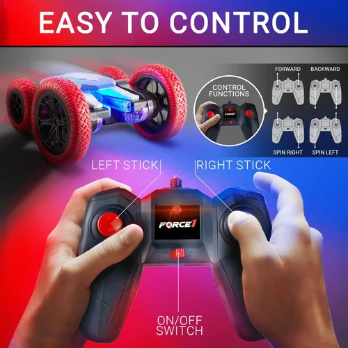 Miniatura 3 de Force1 Tornado+ - Auto de control remoto para niños - Autos RC rápidos de doble cara con pantalla LED interactiva, 4WD, auto de acrobacias Rojo Azul