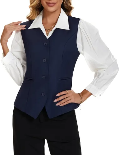 Miniatura 2 de MINTLIMIT Chaleco para mujer, totalmente forrado, con botones, cuello en V, formal, elegante, con bolsillos