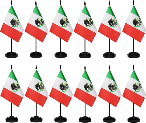 Banderas de México - Juego de banderas mexicanas de escritorio, pequeña bandera de mesa de México con poste negro de 13 pulgadas, base negra y parte