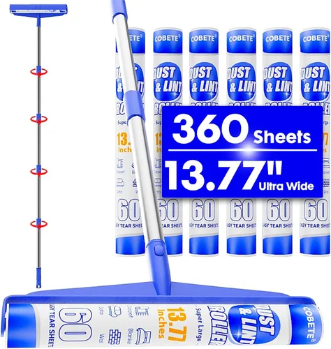 COBETE Rodillo Quitapelusas Extra Pegajoso Grande de 13.77", Removedor de Pelusa con Mango Largo de 69.88" con 6 Rodillos para Ropa, Pelo de Gato,