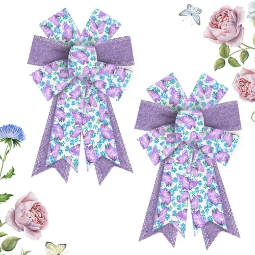 Hying 2 lazos de flores de primavera para corona, lazos de corona de vacaciones de primavera, lazos de arpillera morados, lazos de regalo de