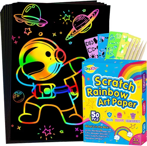 RMJOY Arte de papel para rascar arco iris para niños: 50 piezas de manualidades mágicas, regalos para niñas y niños de 3 a 12 años, actividades de