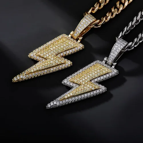 Miniatura 12 de JINAO Hip Hop - Colgante con diseño de rayo chapado en oro de 18 quilates con circonita cúbica con micropave de imitación de diamante para hombres