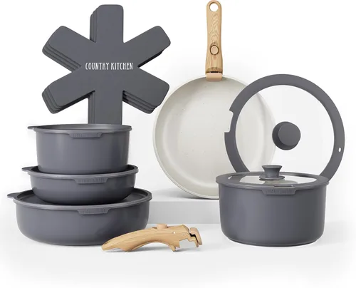Miniatura 14 de Country Kitchen Juego de utensilios de cocina con mango extraíble, juego de ollas y sartenes aptas para horno y caravana, mango de madera moteada
