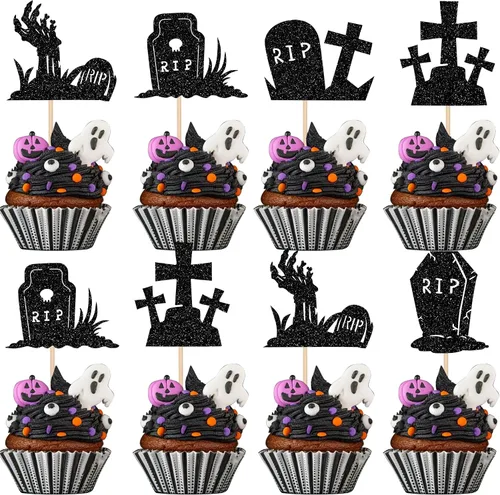 Miniatura 11 de Rsstarxi Paquete de 36 adornos para cupcakes de Halloween, murciélagos con purpurina, palitos de calabaza y calabazas, sombrero de bruja