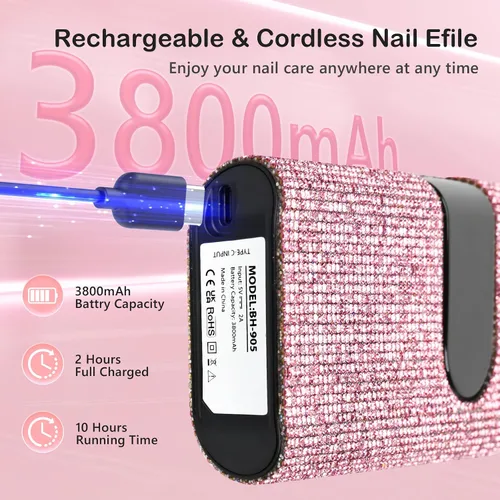 Miniatura 4 de Lavinda Diamond - Taladro de uñas profesional recargable, 35000 RPM, lima de uñas eléctrica inalámbrica y portátil, con motor sin núcleo para uñas