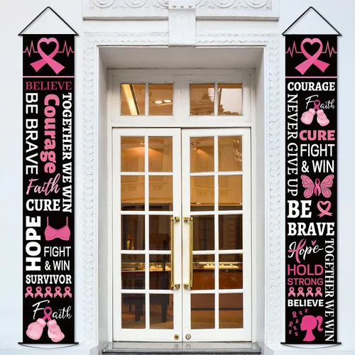 Decoraciones de fiesta de cinta rosa para concientización sobre el cáncer de mama, cartel de porche, esperanza, fuerza, coraje, fe, pancarta de