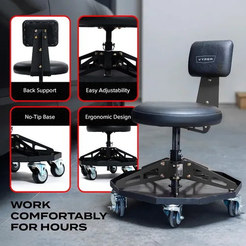 Miniatura 4 de Vyper - Silla de Taller de Acero Resistente para Mecánicos, Automotriz, Bricolaje - Taburete de Garaje con Capacidad de 300 lb, Respaldo y Ruedas