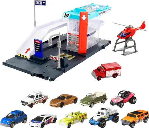 Miniatura 7 de Matchbox Juego de coches, choferes de acción y rescate de helicópteros y ambulancia de juguete a escala 1:64 y helicóptero, se conecta a otros