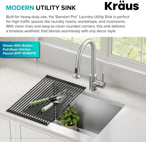 Miniatura 5 de Kraus KHU101-24L Standart PRO Fregadero de Una Sola Cubeta para Instalación Inferior de 24 pulgadas, Calibre 16, para Lavandería y Utilidad, 24