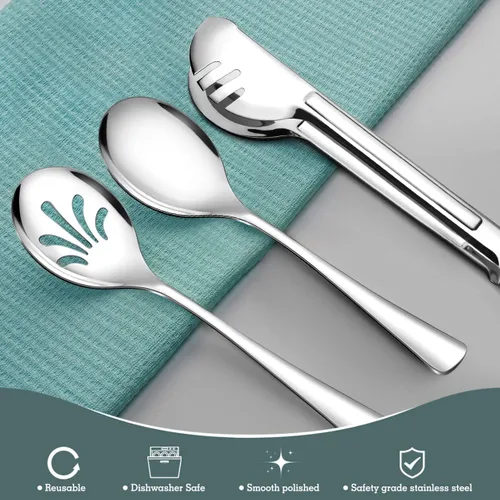 Miniatura 4 de Teivio - Juego de 24 utensilios grandes de acero inoxidable para servir, 8 cucharas de servir de 10", 8 cucharas ranuradas de 10" y 8 pinzas