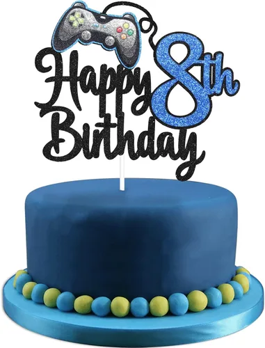 Decoración de pastel de feliz cumpleaños 8 para videojuegos, fiesta de cumpleaños de 8 años, suministros de pastel azul, juego en nivel, decoración