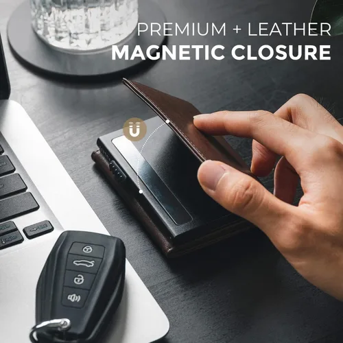 Miniatura 5 de VULKIT Cartera con tarjetero para hombre, con cierre magnético, bloqueo RFID, billetera de cuero triple, Espresso, Moderno