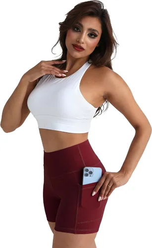 Miniatura 5 de CHRLEISURE Paquete de 4 pantalones cortos de yoga de elastano con bolsillos para mujer, pantalones cortos de entrenamiento de cintura alta
