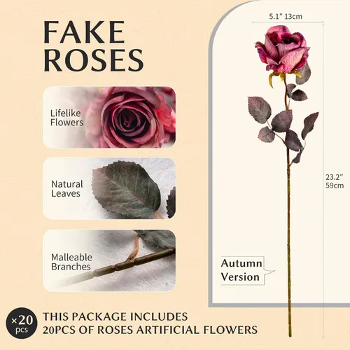 Miniatura 2 de Flores artificiales, 20 rosas artificiales de 23.2 pulgadas, rosas artificiales de tallo largo para jarrón alto, rosas de seda, otoño, adecuadas