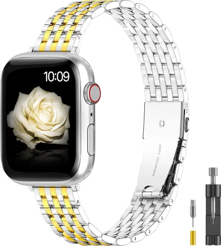 Miniatura 11 de para Apple Watch Correa de 38 mm, 40 mm, 41 mm, 42 mm, 44 mm, 45 mm Series 9 8 7 6 5 4 3 2 1 SE SE2 para mujeres y hombres, Correa de metal de acero