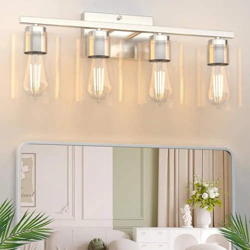 Miniatura 11 de Honesorn Lámparas de baño de 4 luces, luz de tocador de baño, color negro mate, accesorios de iluminación modernos con pantalla de vidrio