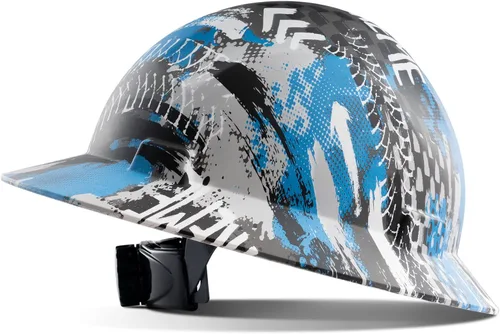 LANON Casco duro de ala completa, aprobado por OSHA para trabajos de construcción, diseño de patrón azul premium, casco de seguridad FRP con