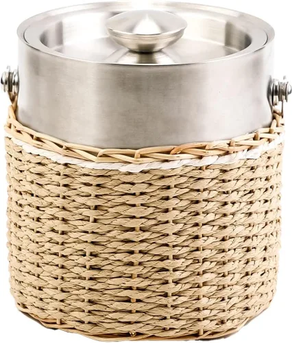 Miniatura 2 de Cubo de hielo tejido a mano de acero inoxidable de 2 litros con tapa y pinzas de hielo, cubo de enfriamiento aislado con diseño de cuerda de papel