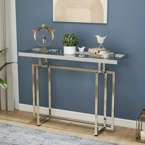 Miniatura 8 de ASYA Mesa consola de cristal para entrada, mesa de entrada moderna con vidrio templado y marco cromado, mesa de sofá plateada para sala de estar