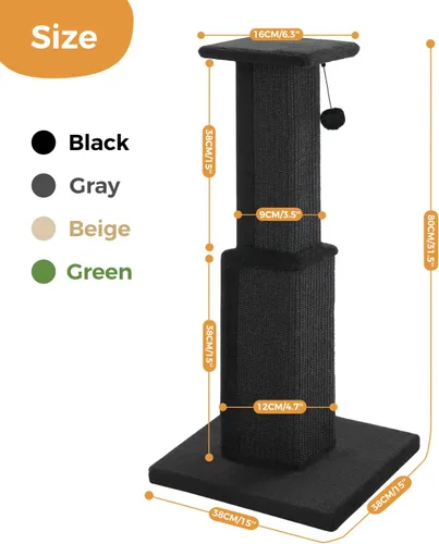 Miniatura 2 de PAWZ Road Poste Rascador Grande para Gatos de 32" de Alto Negro Poste Rascador para Gatos de Interior Adultos Poste Rascador Definitivo con Sisal
