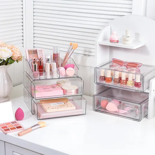Miniatura 2 de Vtopmart - Organizador de maquillaje de plástico transparente de 1 nivel con cajón, almacenamiento de cosméticos para encimera de tocador y tocador