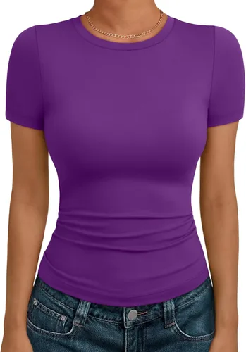 Miniatura 11 de AUTOMET - Camisetas básicas de manga corta para mujer, para verano, entrenamiento o gimnasio, con cuello redondo, ropa moderna estilo Y2K