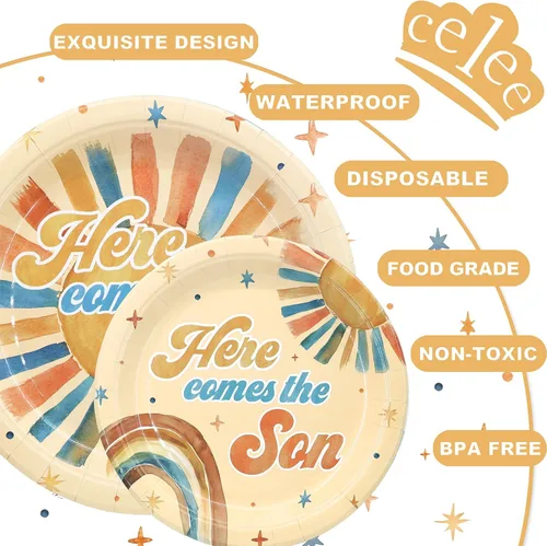 Miniatura 4 de Here Comes the Son - Suministros para baby shower para 20 invitados – Platos boho Sun y Rainbow Platos, servilletas y tenedores – Juego de vajilla