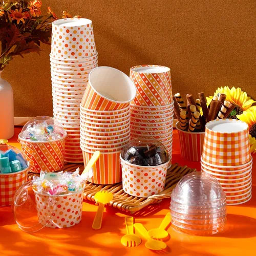 Miniatura 4 de Nosiny 180 cuencos de papel de otoño de 9 onzas, cuencos desechables de helado de Acción de Gracias, 80 tazas de otoño con tapas y 100 cucharas