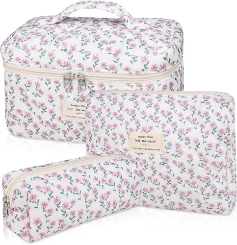 Miniatura 14 de Set de bolsas de maquillaje, bolsa de maquillaje acolchada, bolsa de cosméticos floral grande para mujeres, lindas bolsas de maquillaje de algodón