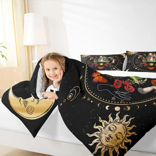 Miniatura 3 de Juego de edredón de champiñones para niños, tamaño individual, juego de ropa de cama romántica con sol, luna, cielo estrellado y galaxia, decoración