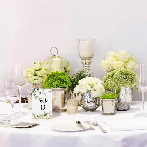 Miniatura 6 de Marspark 26 números de mesa de boda con 26 soportes de mesa dorados, eucalipto verde, tarjetas de número de recepción de boda con cabeza, etiqueta